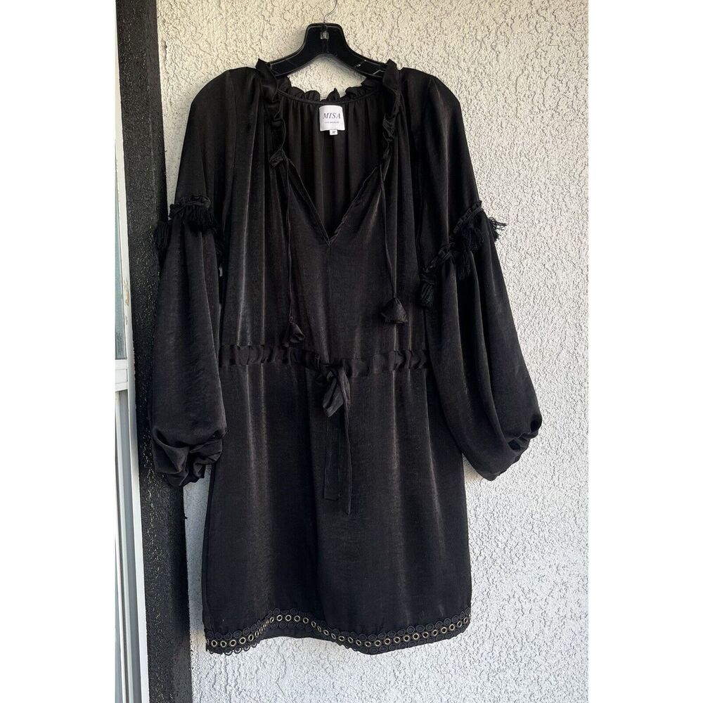 Misa Tasseled Balloon Sleeve Tie Waist Dress - Medium - Black